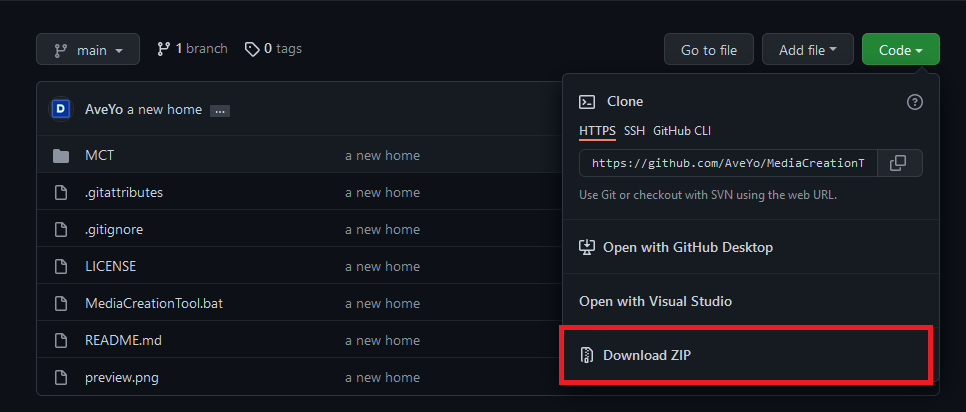 Скачайте Universal MediaCreationTool, перейдя по по этой ссылке и нажав на кнопку «Code» -> «Donwload ZIP».
