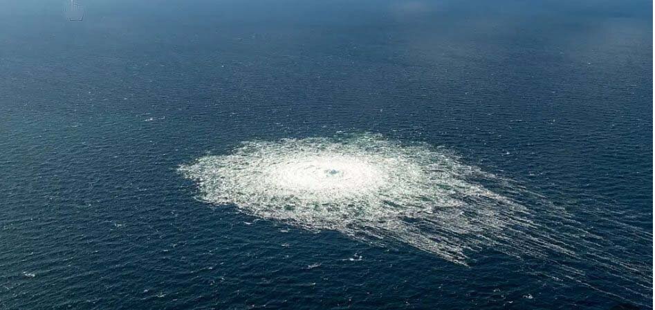 The site of one of the three explosions of the Nord Streams gas pipelines laid along the bottom of the Baltic Sea