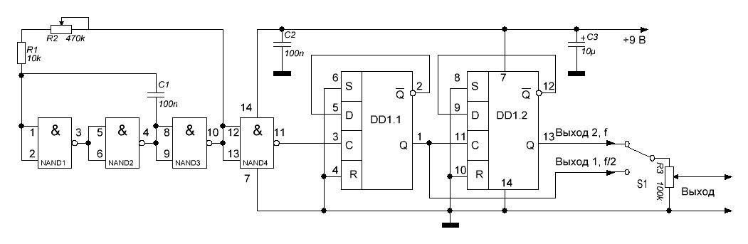 Схема генератора прямоугольных импульсов на микросхемах К561ЛА7 и К561ТМ2