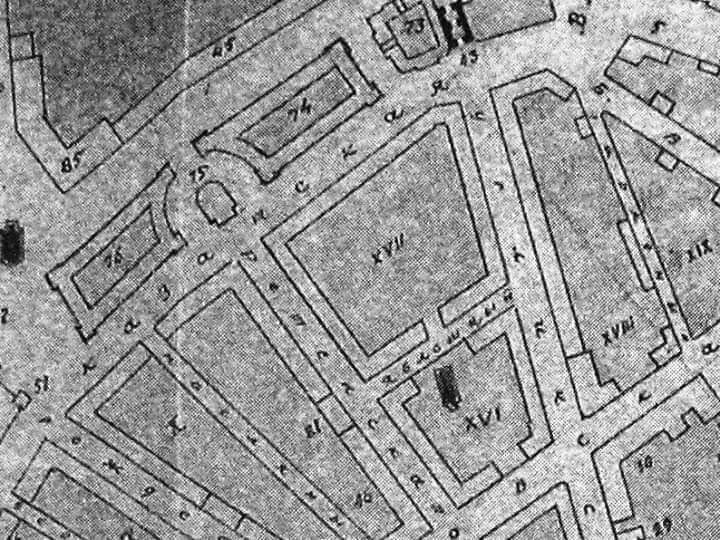 Старый план-схема с обозначенными проломами: Яблочный, Сретенский, Масляный, Верёвочный.