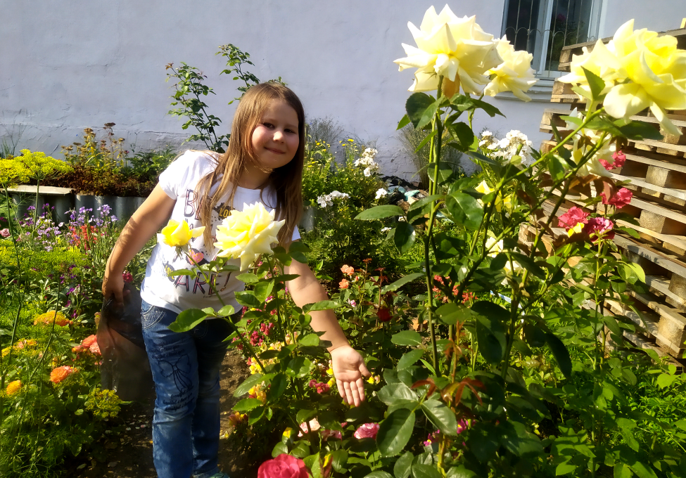Моя младшая у бабушки в огороде