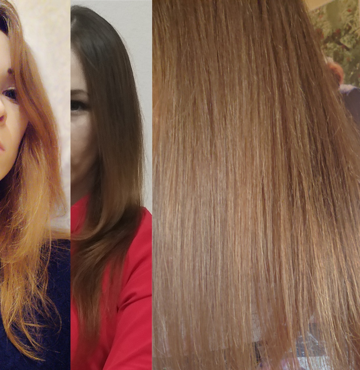                     на первом фото мои волосы без ухода,                                                                                                         две последующие  это уже с уходом (без каких-либо салонных процедур)                                            последнее фото мои волосы сейчас, их длина ниже лопаток