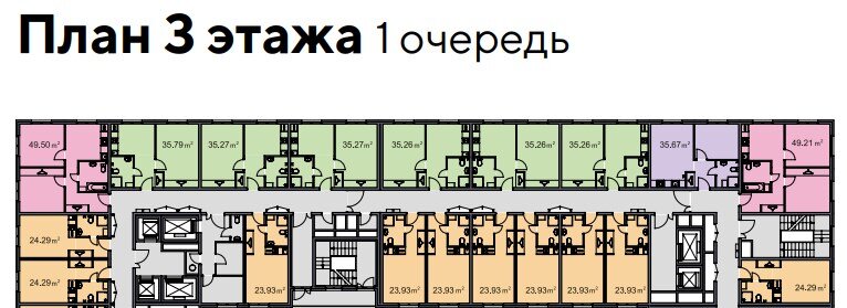 Это план этажа инвест-отеля Интуит у метро Купчино, где серым обозначены комнаты для хранения уборочного инвентаря и помещения для персонала