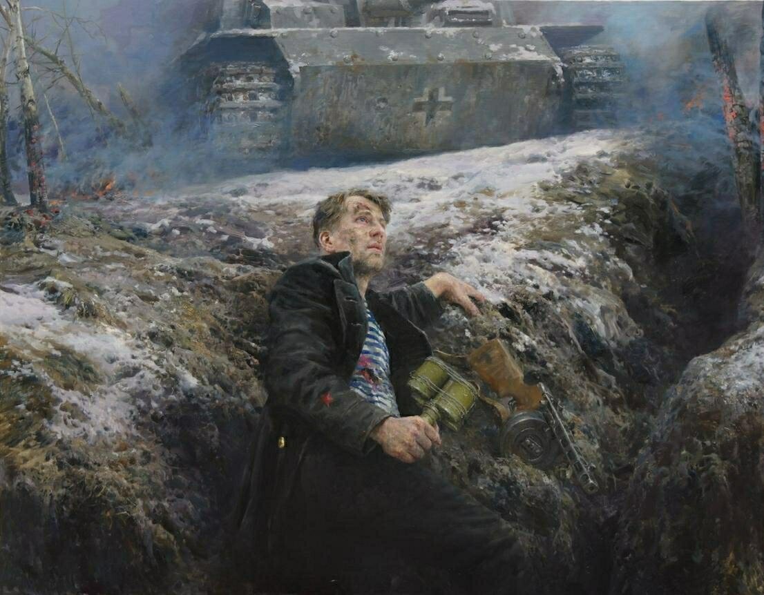 Картина Владимира Валерьевича Давыденко "Последний", созданная относительно недавно - в 2020 году. Комиссар (красная звезда на рукаве бушлата) 64-й бригады морской пехоты, переброшенной осенью 1941 под Москву , последний из оставшихся защитников рубежа готовится принять свой главный в жизни бой.