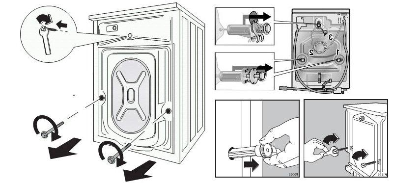 Перед первым запуском стиральной машины выкручиваем транспортировочне болты.