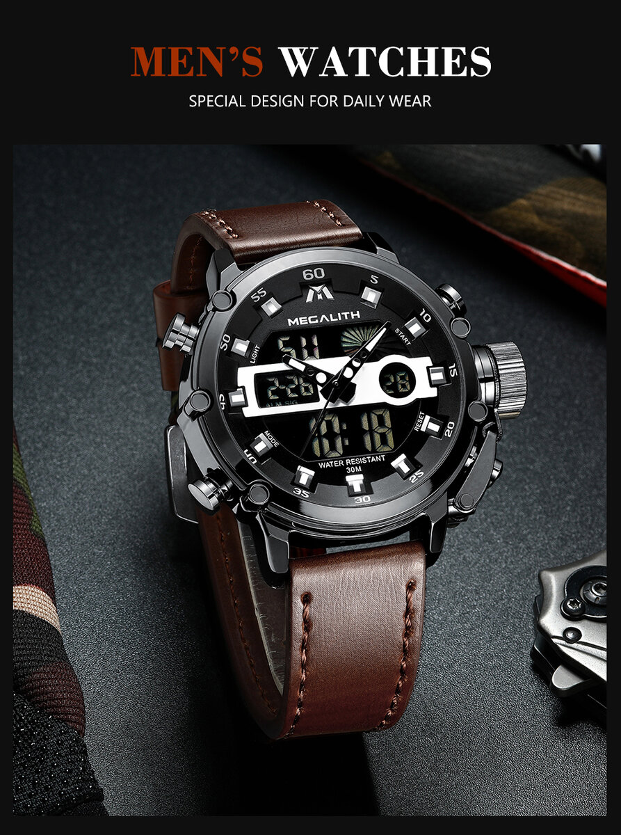 MEGALITH Модные мужские спортивные кварцевые часы мужские многофункциональные водонепроницаемые светящиеся наручные часы