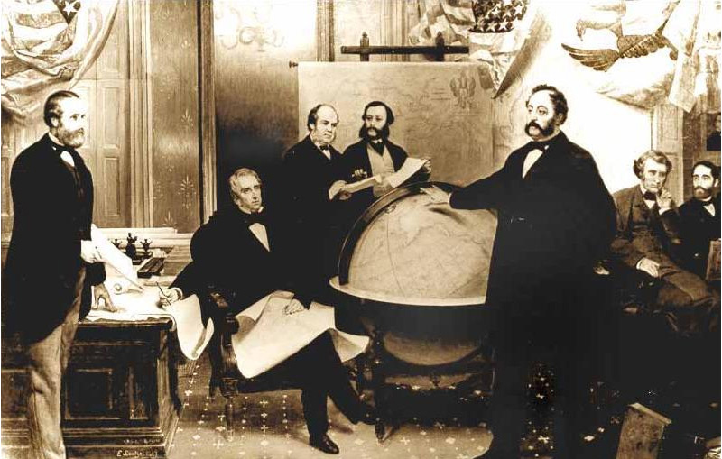 Подписание договора о продаже Аляски 30 марта 1867 года. Слева направо: Роберт С. Чу, Уильям Г. Сьюард, Уильям Хантер, Владимир Бодиско, Эдуард Стекль, Чарльз Самнер, Фредерик Сьюард