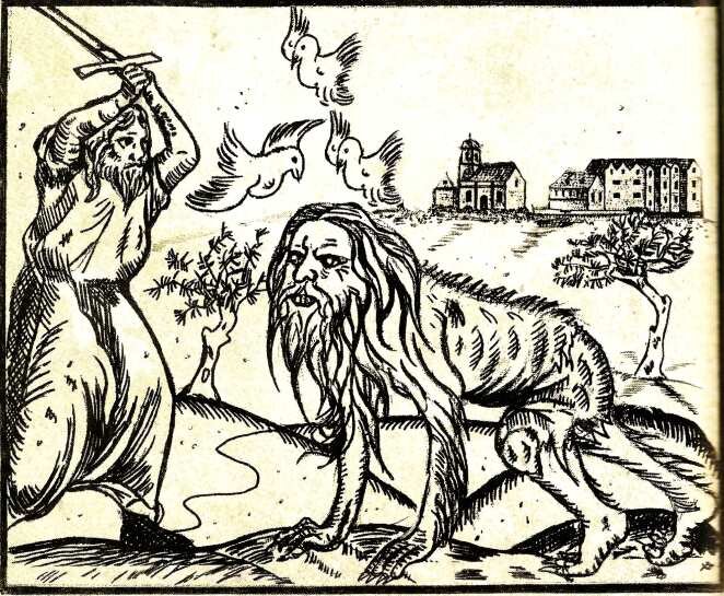 Гравюра изображающая диких людей.