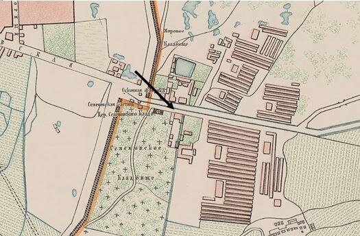 План столичного города Москвы 1859 г. Стрелкой показан Дом Гусаревых у Семеновской заставы.