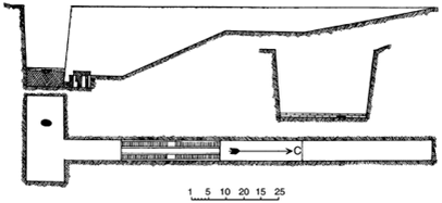 План и разрез прохода подземной части Незаконченной пирамиды в Завиет-эль-Ариане (по Барсанти) [2]