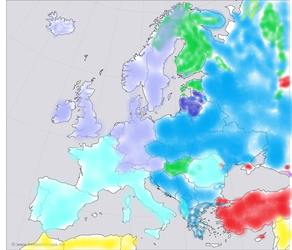 карта языковых семей Европы, Азии и Африки.