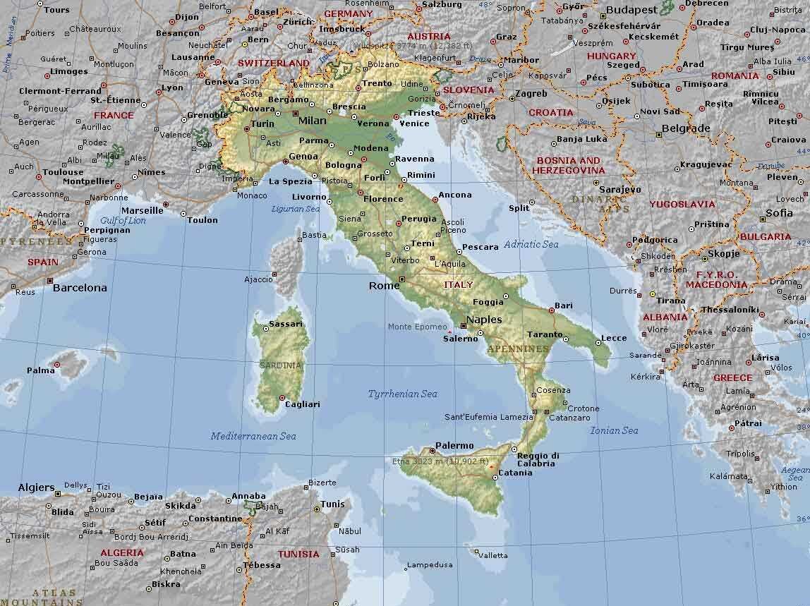 Какие горы на территории италии. Географическая карта Италии. Апеннинский полуостров на карте Евразии. Границы Италии на карте. Италия на карте Европы.