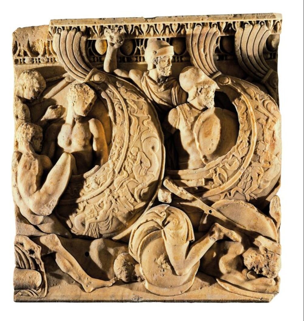 Морское сражение второго столетия нашей эры - периода, когда военно-морское превосходство Рима позволило значительно сократить масштабы пиратства. Национальный археологический музей в Венеции.