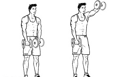 Техника выполнения упражнения "Махи гантелей в стороны". Выполняем это упражнение  так же, как на фото , только с одной гантелей.