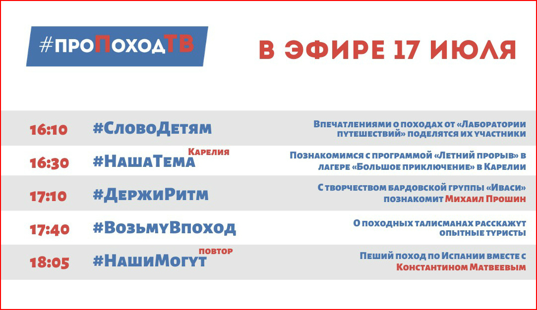 Про поход ТВ. Лаборатория путешествий. Большое приключение. Программа передач