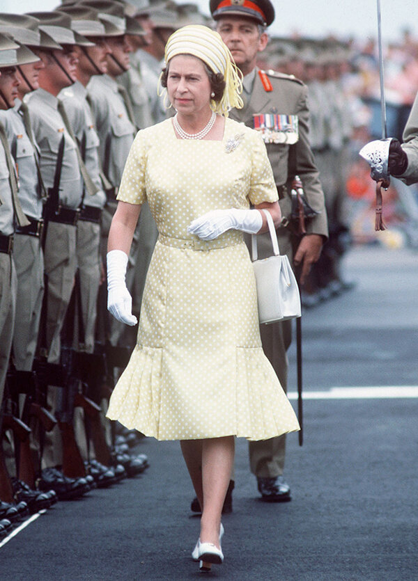 Faithful service: the Queen parading a Launer bag in 1977. Image: Tim Graham Photo Library/Getty Images