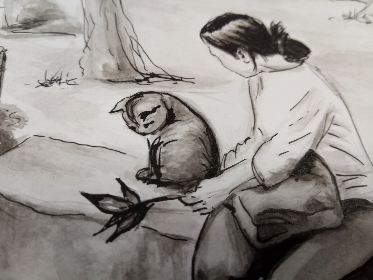 Японка привлекает внимание кота.