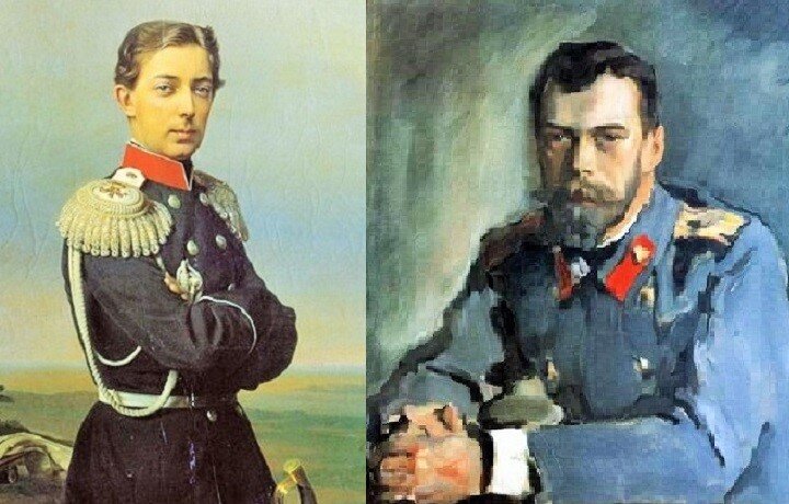 1 - Великий князь Николай Александровича на портрете С.К. Зарянко. 2 - последний император Российской империи Николай II Александрович. Портрет В.А. Серова   (здесь и дальше изображения из открытых источников) 