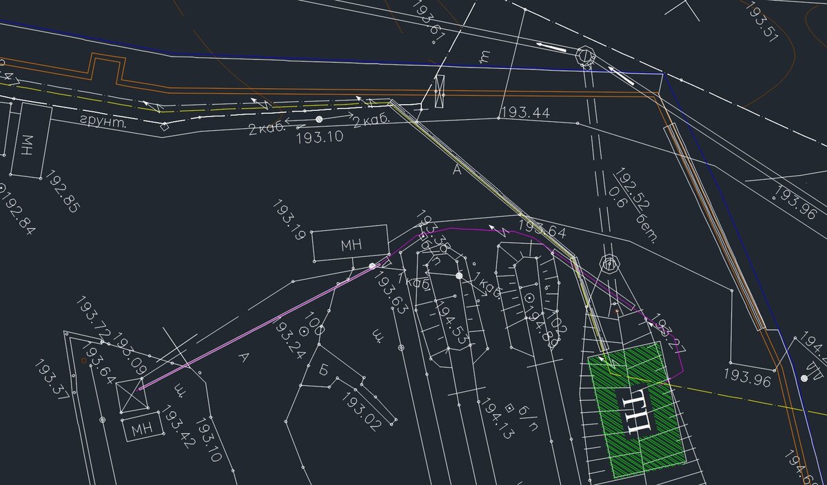 Пример геоподосновы, где обозначение "2 каб." относится к кабельным линиям