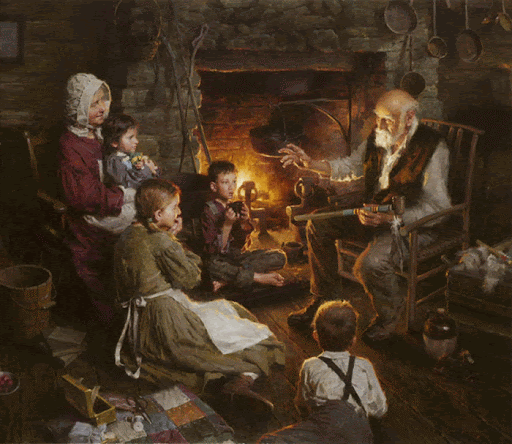 "— Клянусь тебе, там нет ничего, кроме камней, — сказала бедная женщина и, подбежав к котлу, черпнула из него большой деревянной ложкой. Как же она удивилась, увидев в ложке большой кусок варёного мяса!
— Я же говорил, что пахнет мясом, — сказал старик. — Зови детей ужинать."
(Итальянская сказка "Похлебка из камней").
Художника, к сожалению, не знаю. Если опознали автора, пишите в комментариях.