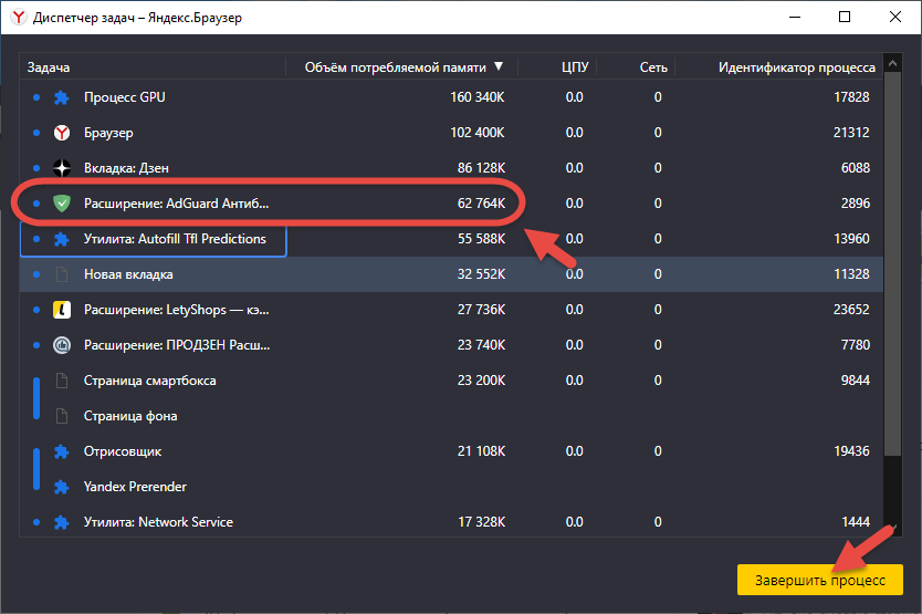 Диспетчер задач в Яндекс Браузере