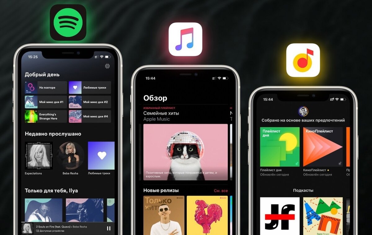 Интерфейсы приложений Spotify, Apple Music и Яндекс.Музыка
