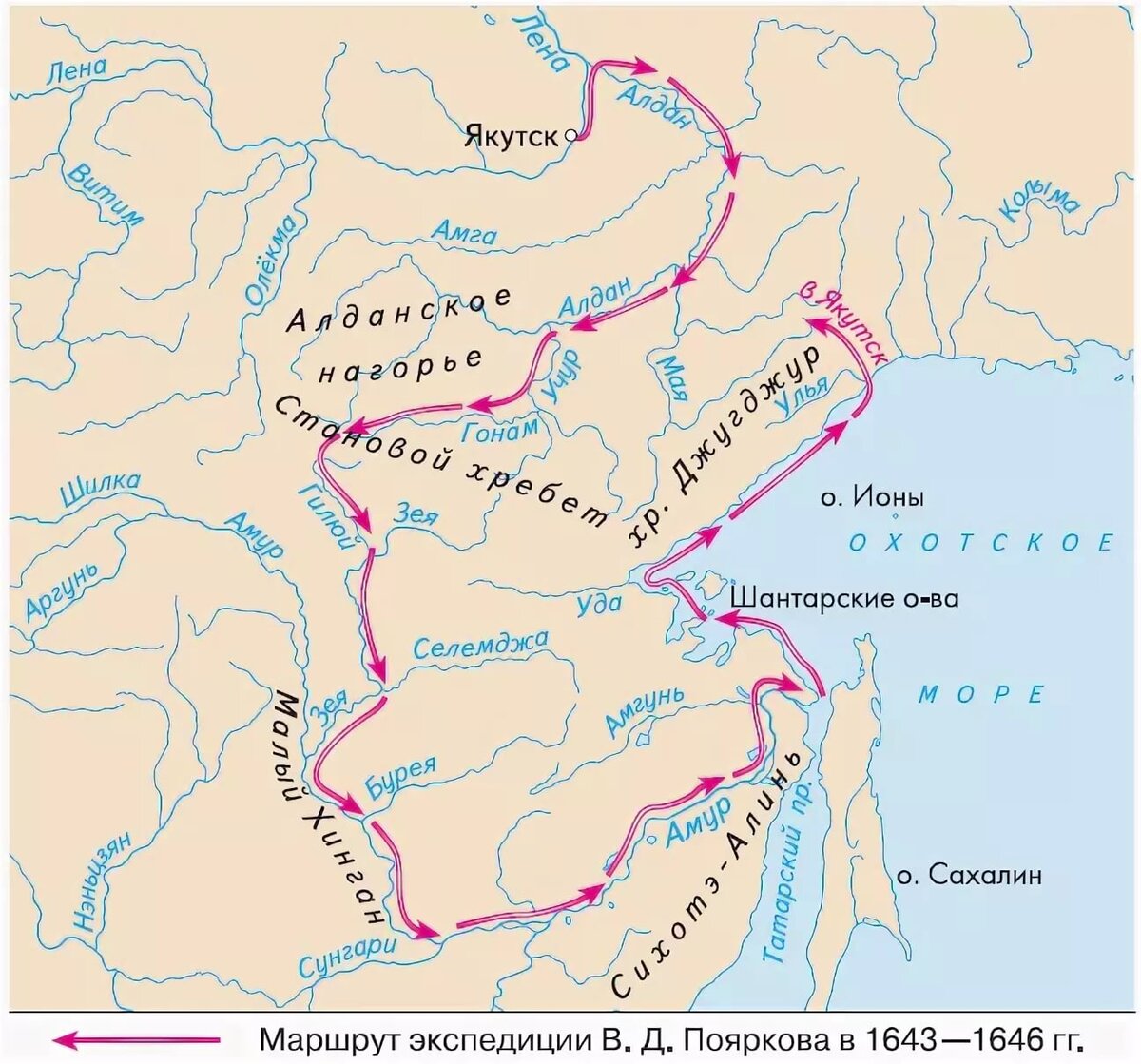 Экспедиция на амур. Маршрут путешествия Василия Пояркова.