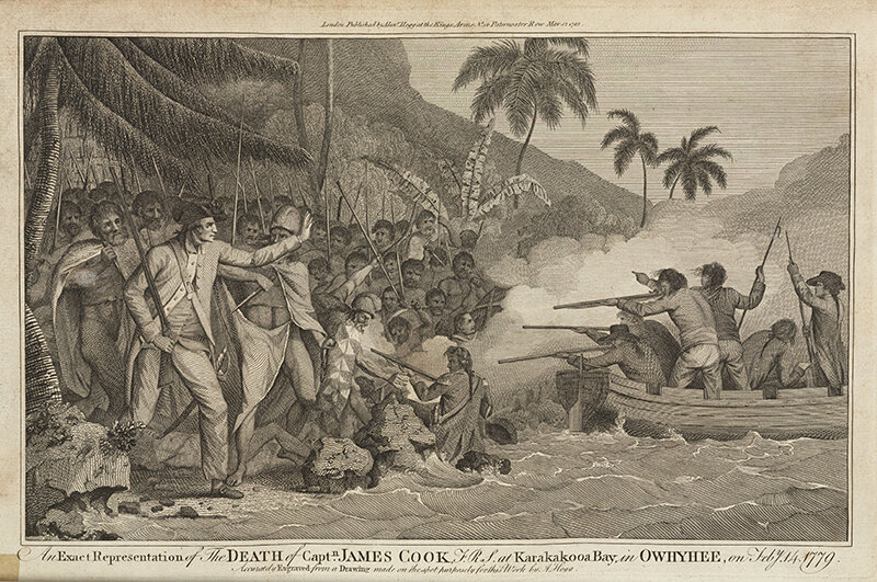 Гравюра с изображением трагедии на Гавайях.