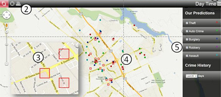 Так выглядит карта города, на которой алгоритм выделил места, где преступления могут быть совершены в ближайшее время. Фото с сайта Wikimedia Commons