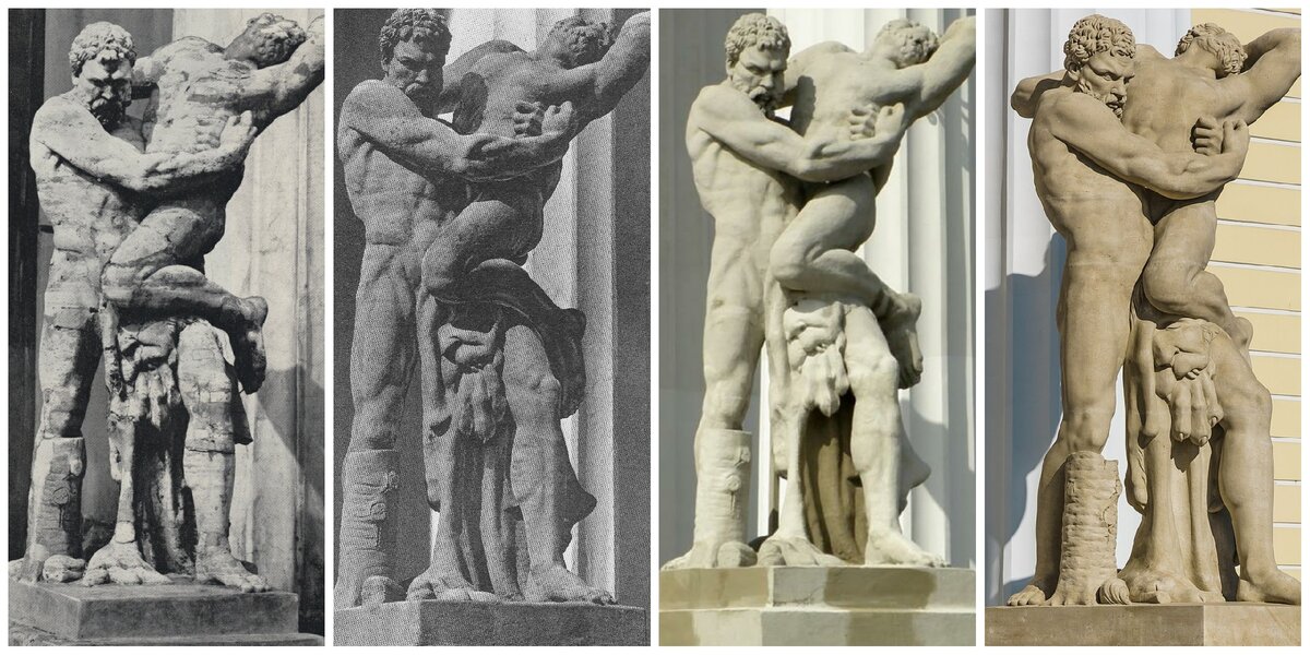 Скульптура "Геракл, борющийся с Антеем". 1.Середина 20 века, до реставрации. 2.После реставрации середины 20 века. 3.До современной реставрации. 4.Современный вид. Коллаж автора блога