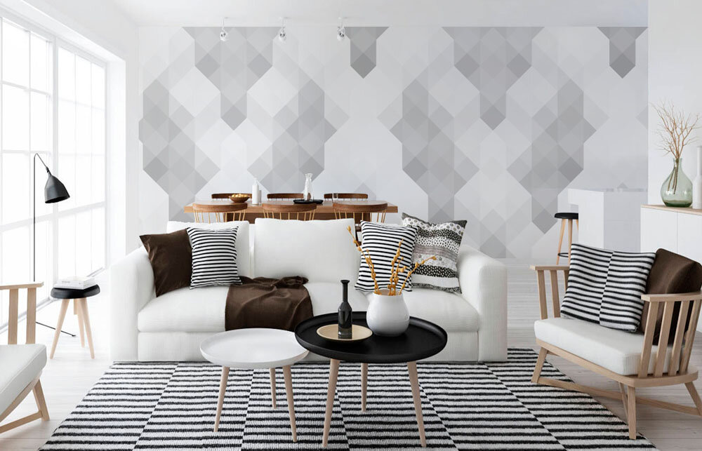 На фотографии обои “Витраж (серый)” из коллекции “Геометрия”