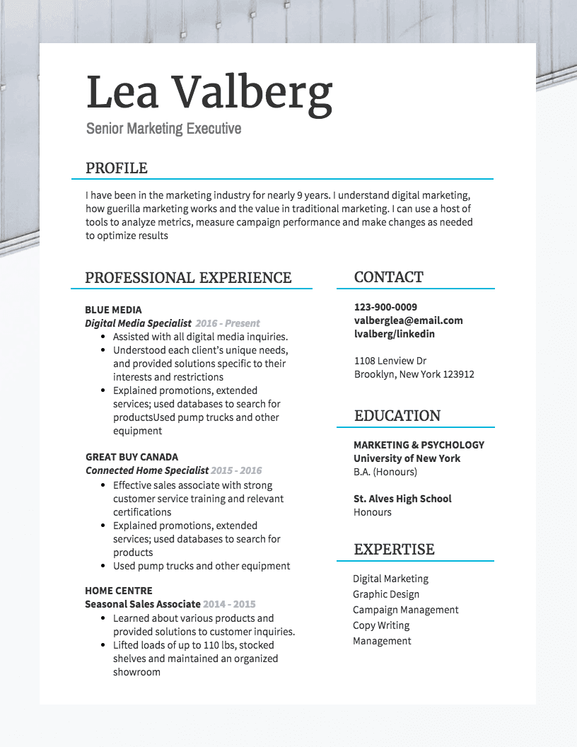 Ссылка: https://ru.venngage.com/templates/resumes/marketing-resume-c0e8ac80-9eb7-468e-901e-19b6ed5115b1