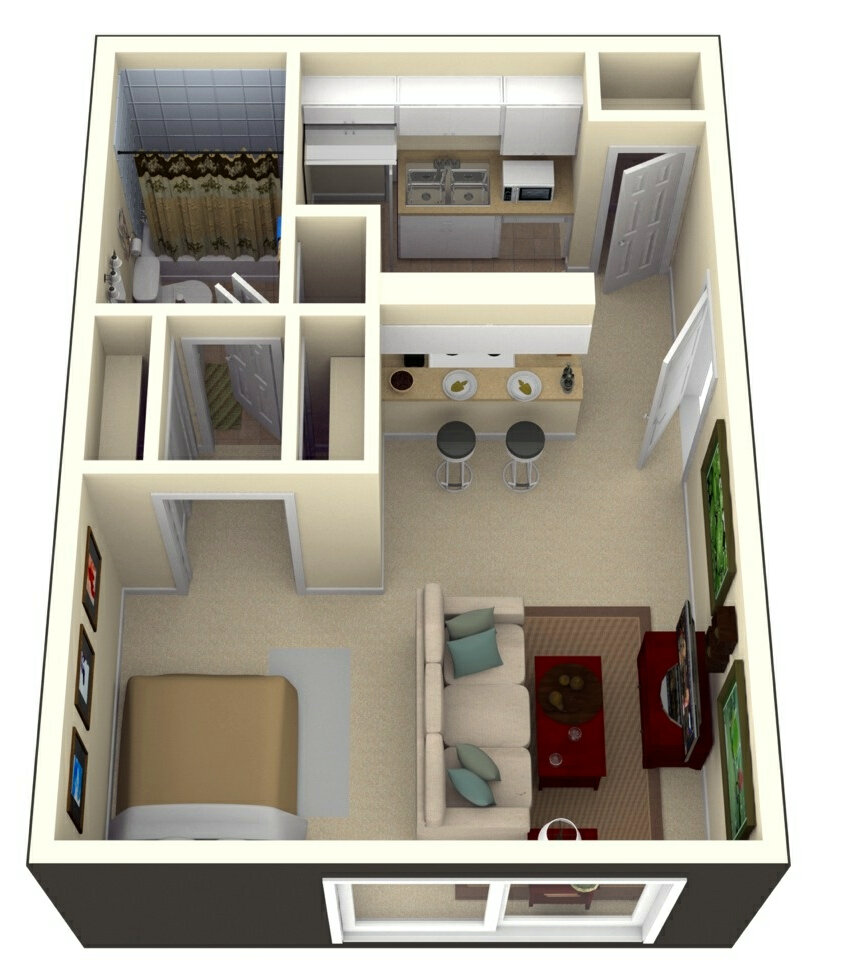 Интересные идеи планов квартир с одной спальней 3D