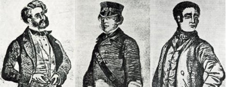Ксилография Уильяма Джорджа Тестера, Джеймса Берджесса и Эдварда Агара - соучастников грабежа 1855 года. Источник: Percy Cruikshank (1840 fl. - 1860 fl.), Public domain, via Wikimedia Commons