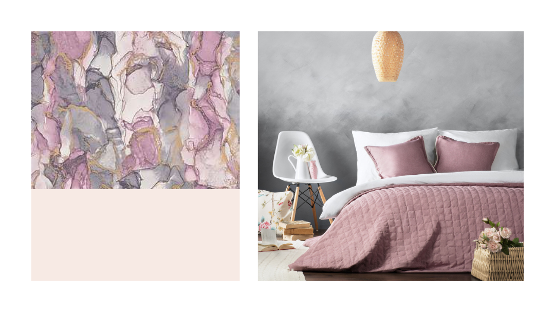 Контрастные обои для стены за кроватью, фоновые светлые обои и покрывало в цвет рисунка обоев