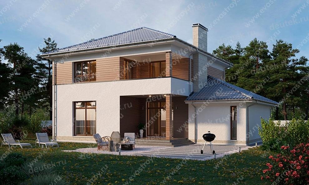 Проект двухэтажного дома 204 м2 с одноместным гаражом, балконом и террасой - KVR-118