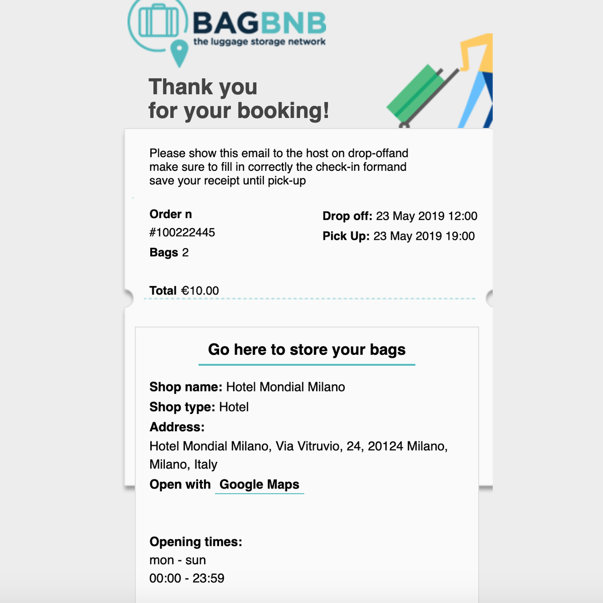 Вот такая квитацния приходит на почту с адресом. Адрес так же можно сразу посмотреть на гугл-картах