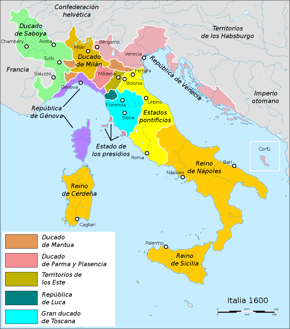 Италия на пике испанского владычества в Аппенинах около 1600 года