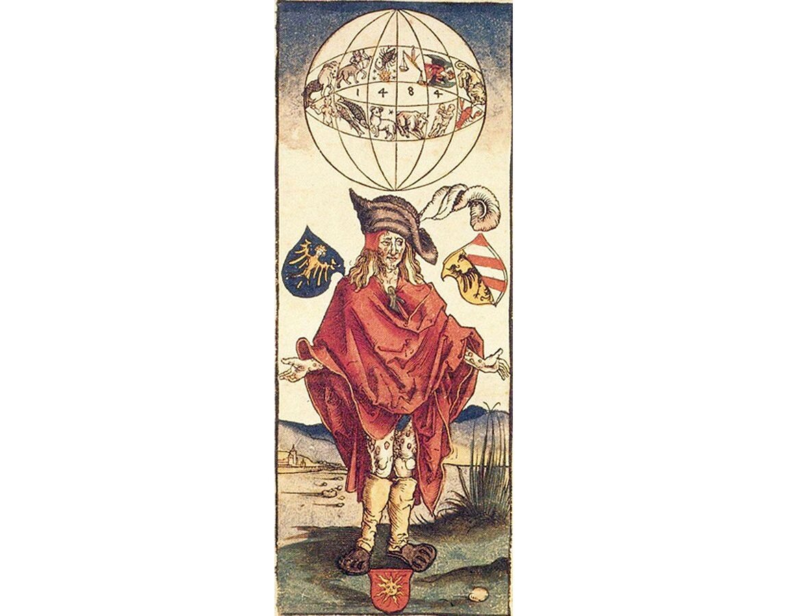 Ксилография Дюрера, изображающая Ландскнехта. Болезнь вызывается якобы неблагоприятным влиянием планет.