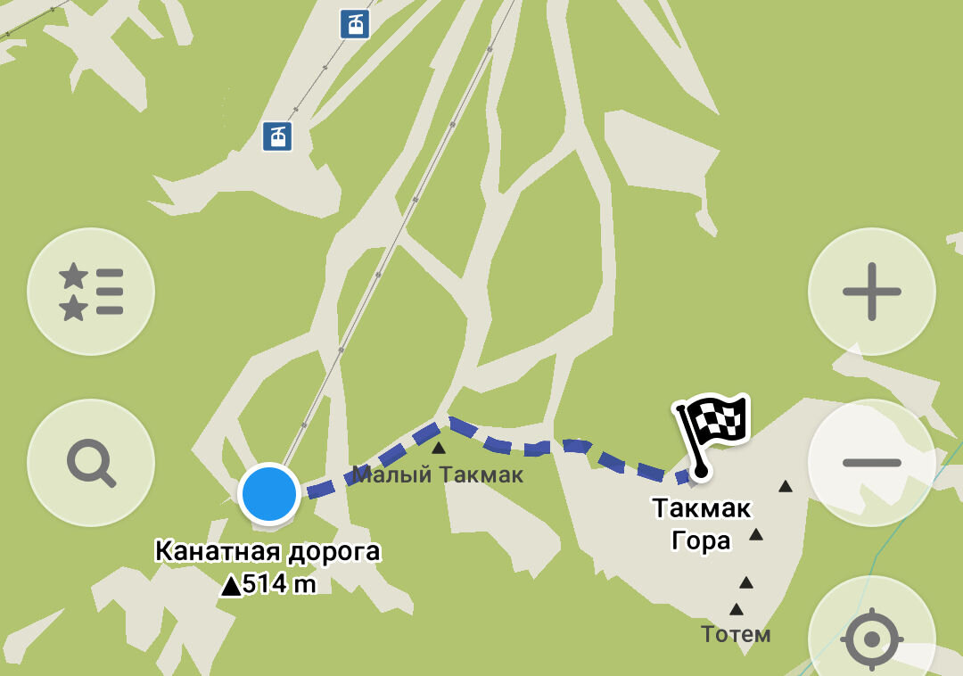 Путь от подъёмника до скалы Такмак. Скриншот карты maps.me 