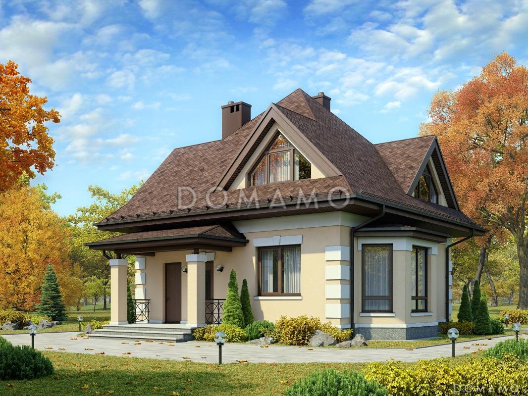 Проект D1308. Дом из газобетона с мансардой и эркером