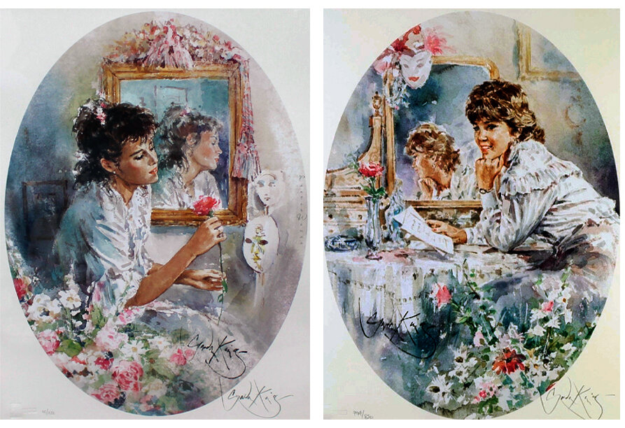 Акварели Гордона Кинга. Девушки у зеркала в лёгких светлых платьях, цветы, театральные маски 
