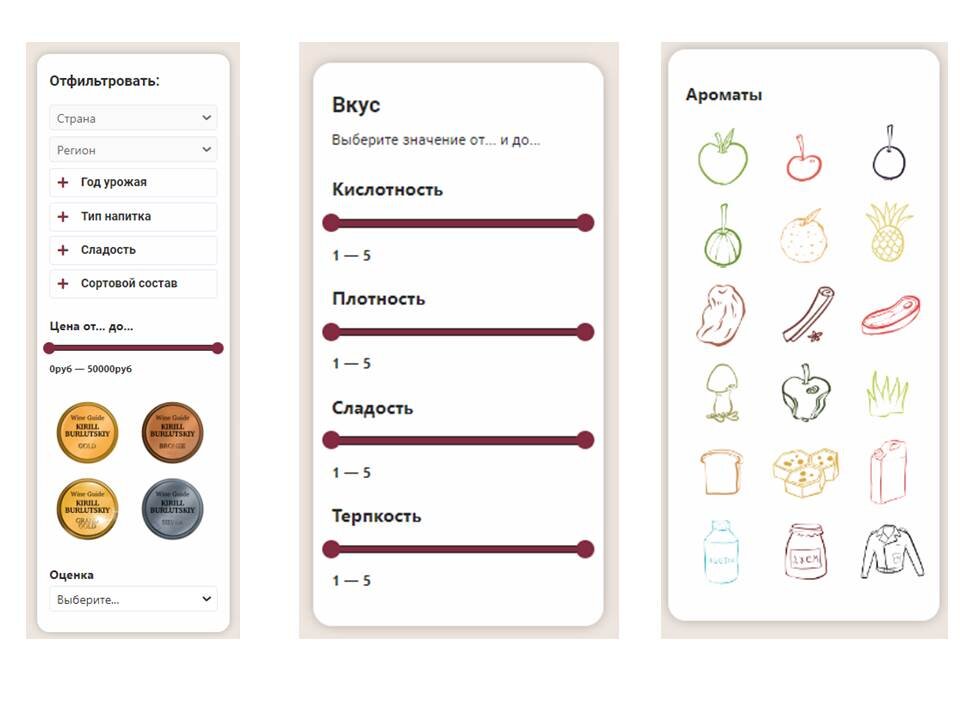 Поиск вина в винном гиде по медалям, рейтингам, вкусовым и ароматическим показателям
