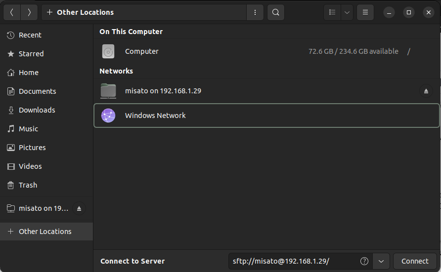 Использование sftp в файловом менеджере Nautilus. Удаленная машина отображается в виде папки с именем пользователя и IP-адресом.