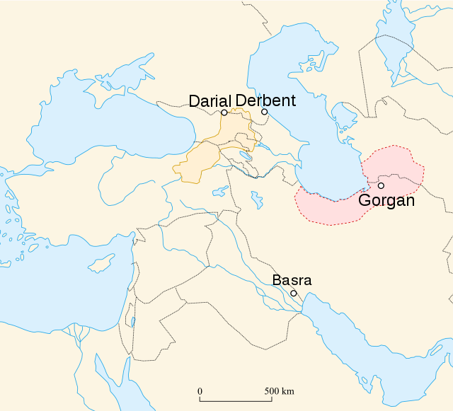 Карта расположения оборонительных сооружений Сасанидов на Кавказе и в Средней Азии. Фото из свободных источников в Интернете.