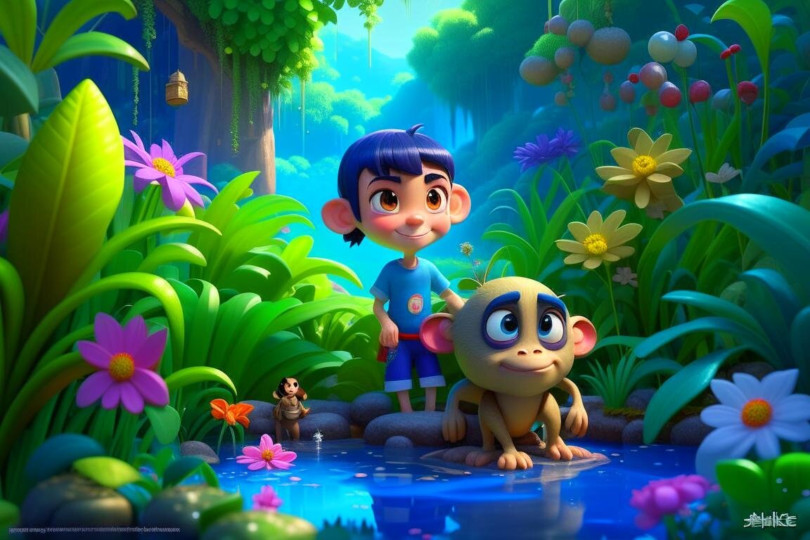 a cartoon kiki, kiki, and a monkey with water lilies in front of them, in the style of photorealistic detail, naive and childlike art, miniaturecore, pixelation, konica auto s3, land art, animation