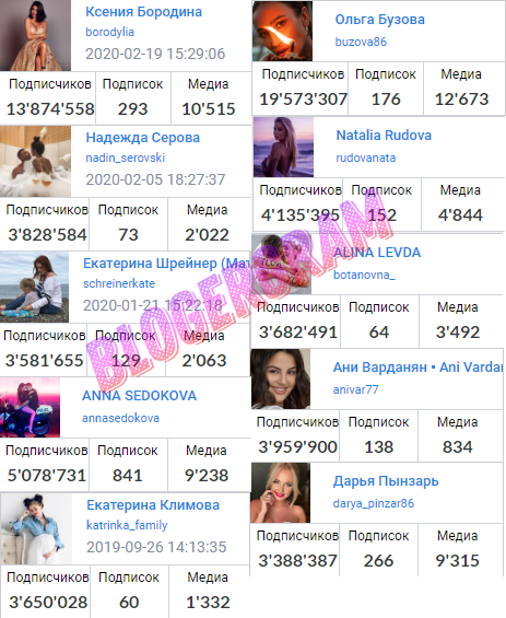Список блогеров с аудиторией 3млн+ подписчиков, которые рекламировали эту самую Марию. Среди них: Бузова, Рудова, Бородина, Седокова.