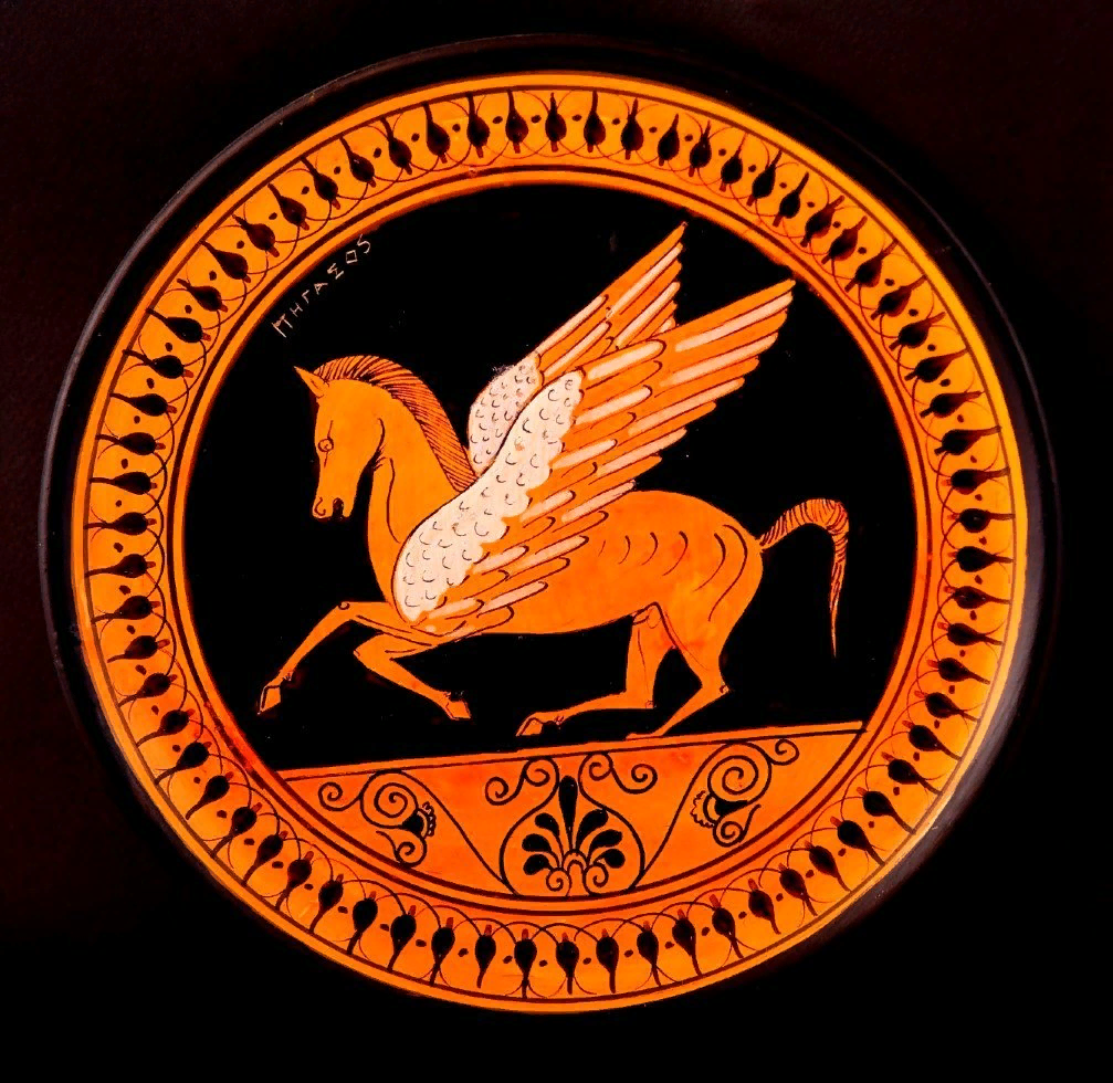 Пегас. Краснофигупная ваза. https://www.greekpotteryshop.com/images/pegasus_plate_image1.JPG