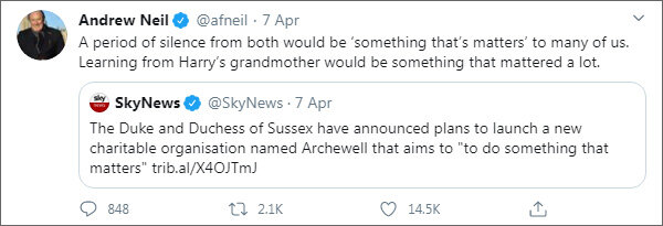 Из твиттера Эндрю Нейла, ведущего BBC (https://twitter.com/afneil):
«Период молчания от них обоих был бы «чем-то, что имеет значение» для многих из нас. Было бы очень неплохо поучиться у бабушки Гарри».