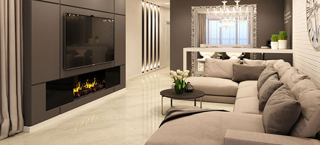 На фото: интерьер с камином в квартире, камин под ТВ в гостиной 